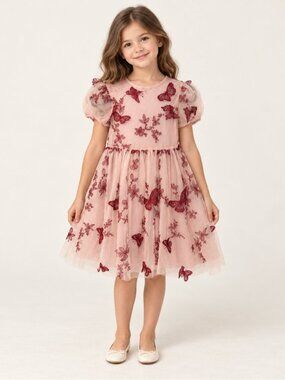 Yi Ning Girls Pink Embroidered Butterfly Tulle Dress Size 160 0852